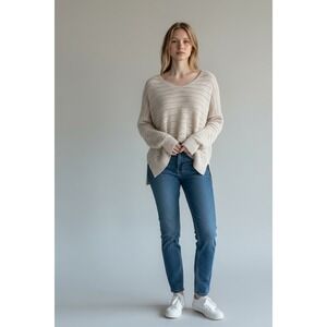 Cream Open Knit V Neck Long‎ Sleeve Oversized Tunic Sweater Women XS